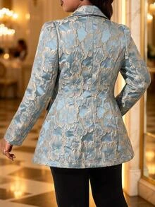 Fleurora Plus Size Women's Jacquard Lapel Neck Long Sleeve Double-Breasted Elegant Blazer - Blue - View 2