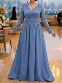 Fleurora Plus Size Women's Blue Lace Patchwork Deep V-Neck Long Sleeve Evening Dress - Blue - View 3