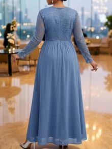 Fleurora Plus Size Women's Blue Lace Patchwork Deep V-Neck Long Sleeve Evening Dress - Blue - View 2