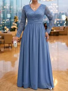 Fleurora Plus Size Women's Blue Lace Patchwork Deep V-Neck Long Sleeve Evening Dress - Blue - View 1