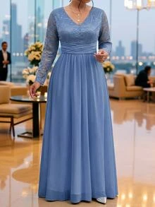 Fleurora Plus Size Women's Blue Lace Patchwork Deep V-Neck Long Sleeve Evening Dress - Blue - View 6