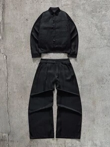AXEPEAK Men's Solid Color Long Sleeve Shirt And Pants Casual Daily Outfit - Black - View 2