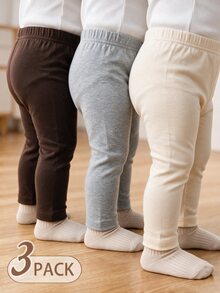 SHEIN 3件組女嬰秋冬純色親膚棉質內搭褲，0-3歲休閒高彈力鬆緊腰修身長褲 - 彩色 - 查看 2