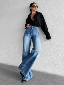 SHEIN Cottnline Plus High Waist Casual Simple Style Medium Blue Wash Regular Fit Button Front Wideleg Jean Dates Vacation Summer - Medium Wash - View 5