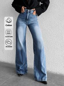 SHEIN Cottnline Plus High Waist Casual Simple Style Medium Blue Wash Regular Fit Button Front Wideleg Jean Dates Vacation Summer - Medium Wash - View 2