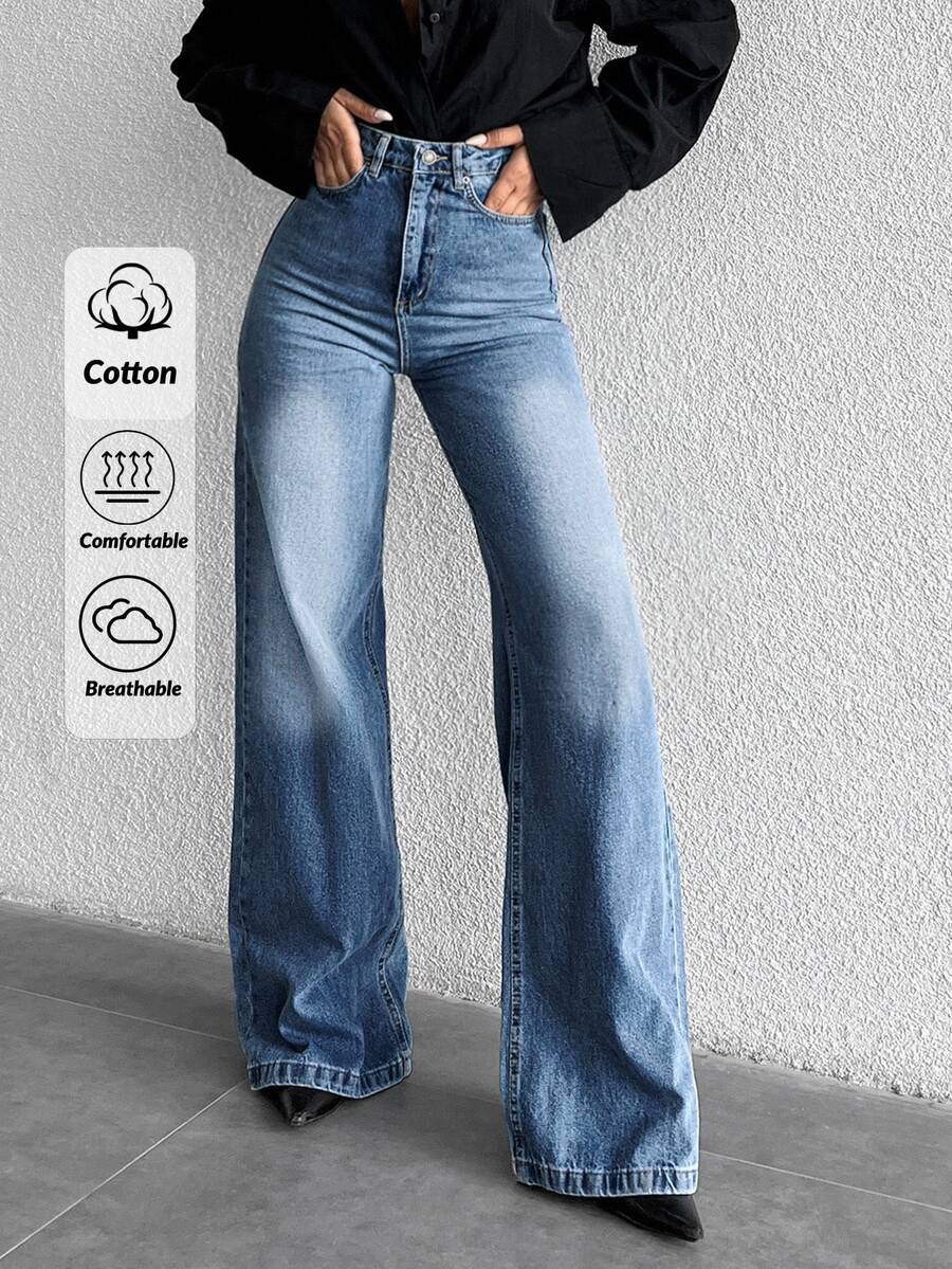 SHEIN Cottnline Plus High Waist Casual Simple Style Medium Blue Wash Regular Fit Button Front Wideleg Jean Dates Vacation Summer