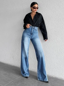 SHEIN Cottnline Plus High Waist Casual Simple Style Medium Blue Wash Regular Fit Button Front Wideleg Jean Dates Vacation Summer - Medium Wash - View 4