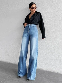SHEIN Cottnline Plus High Waist Casual Simple Style Medium Blue Wash Regular Fit Button Front Wideleg Jean Dates Vacation Summer - Medium Wash - View 6