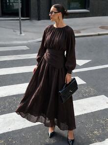 Women's Long Dress With Elastic Waist And Removable Belt - Coffee Brown - View 1