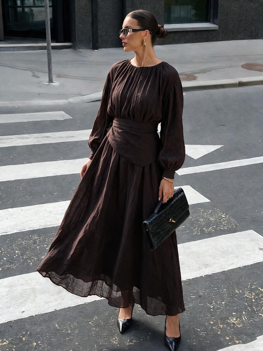 Women's Long Dress With Elastic Waist And Removable Belt - Coffee Brown - View 1