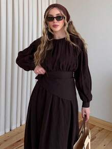 Women's Long Dress With Elastic Waist And Removable Belt - Coffee Brown - View 5