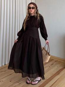 Women's Long Dress With Elastic Waist And Removable Belt - Coffee Brown - View 6
