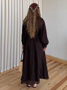 Women's Long Dress With Elastic Waist And Removable Belt - Coffee Brown - View 7