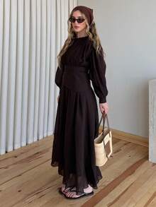 Women's Long Dress With Elastic Waist And Removable Belt - Coffee Brown - View 9