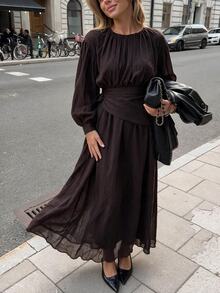 Women's Long Dress With Elastic Waist And Removable Belt - Coffee Brown - View 2