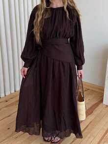 Women's Long Dress With Elastic Waist And Removable Belt - Coffee Brown - View 8