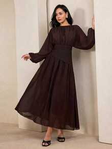 Women's Long Dress With Elastic Waist And Removable Belt - Coffee Brown - View 10