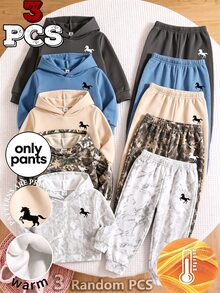 Young Boys Clothes 3Pcs Fleece Lined Jogger Pants Set Winter Sweatpants Horse Logo Print Multipack Casual Track Pants Multi-Pack Baby Blue Baby Pink - Black - View 3