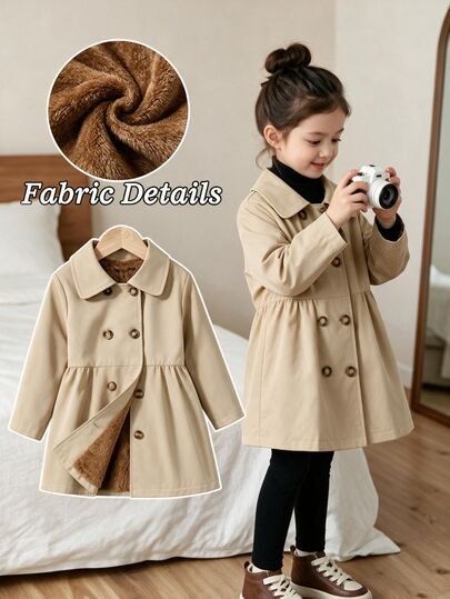 SHEIN Playful Pals Jaket Anak Perempuan Usia 4-8 Tahun Warna Khaki Lengan Panjang dengan Kerah dan Bukaan Depan, Musim Gugur/Dingin, Lapisan Bulu Domba Warna Kontras, Modis dan Kasual, Serbaguna, Cocok untuk Sekolah, Belanja, Jalan-jalan, dan Berbagai Acara Lainnya