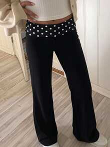 SHEIN Tween Girls Polka Dot Patchwork Coffee Color Casual Long Pants - Black - View 1
