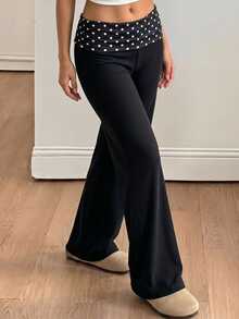 SHEIN Tween Girls Polka Dot Patchwork Coffee Color Casual Long Pants - Black - View 2