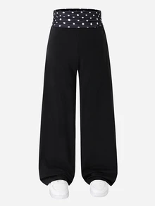 SHEIN Tween Girls Polka Dot Patchwork Coffee Color Casual Long Pants - Black - View 4