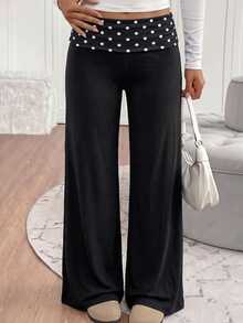 SHEIN Tween Girls Polka Dot Patchwork Coffee Color Casual Long Pants - Black - View 3
