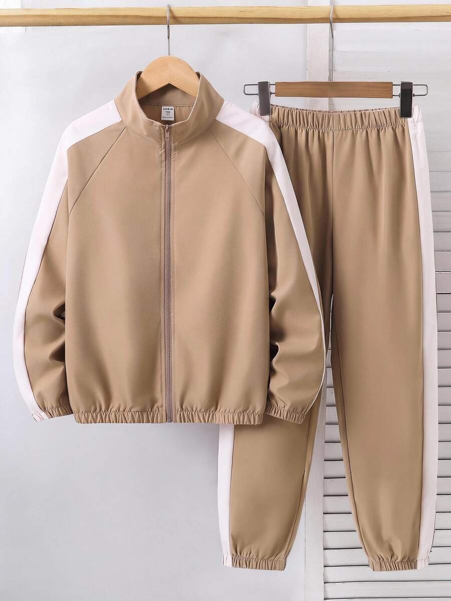 SHEIN Kids Tween Boy Contrast Side Seam Raglan Sleeve Zipper Up Jacket & Jogger Sweatpants Set - Multicolor - View 1