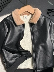 SHEIN Young Boy Zip Up Kids Teddy Lined PU Leather Winter Jacket - Multicolor - View 6
