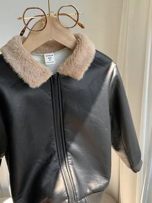 SHEIN Young Boy Zip Up Kids Teddy Lined PU Leather Winter Jacket - Multicolor - View 5