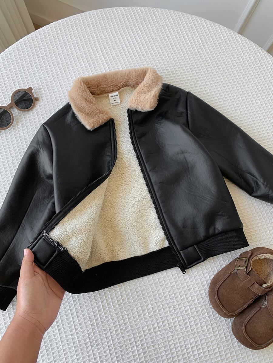 SHEIN Young Boy Zip Up Kids Teddy Lined PU Leather Winter Jacket - Multicolor - View 1