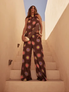 Dancing Leopard Setelan Celana Lebar Berumbai Motif Matahari Cokelat, Pakaian Pesta Boho - MultiWarna - View 4