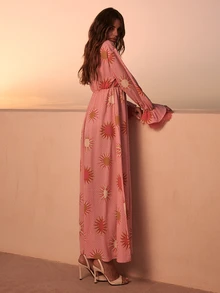 Dancing Leopard Gaun Lengan Berkerut Motif Matahari Merah Muda, Pakaian Liburan/Rekreasi Gaya Boho - Berwarna merah muda - View 2