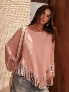 Dancing Leopard Atasan Poncho Berumbai Warna Merah Muda Pudar, Pakaian Liburan/Rekreasi Gaya Boho - Dusty Pink - View 3