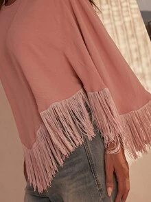Dancing Leopard Atasan Poncho Berumbai Warna Merah Muda Pudar, Pakaian Liburan/Rekreasi Gaya Boho - Dusty Pink - View 4