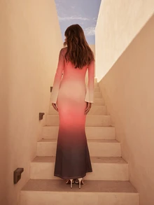 Dancing Leopard Pink And Brown Ombre Long Sleeve Maxi Dress, Holiday/Vacation Wear - Multicolor - View 2