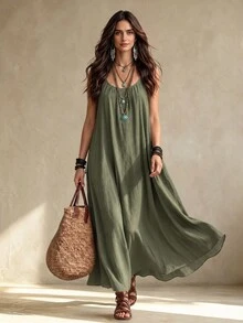 Cévolie Women's Solid Color Backless Tie Strap Casual Long Dress, Vacation Style - Green - View 1