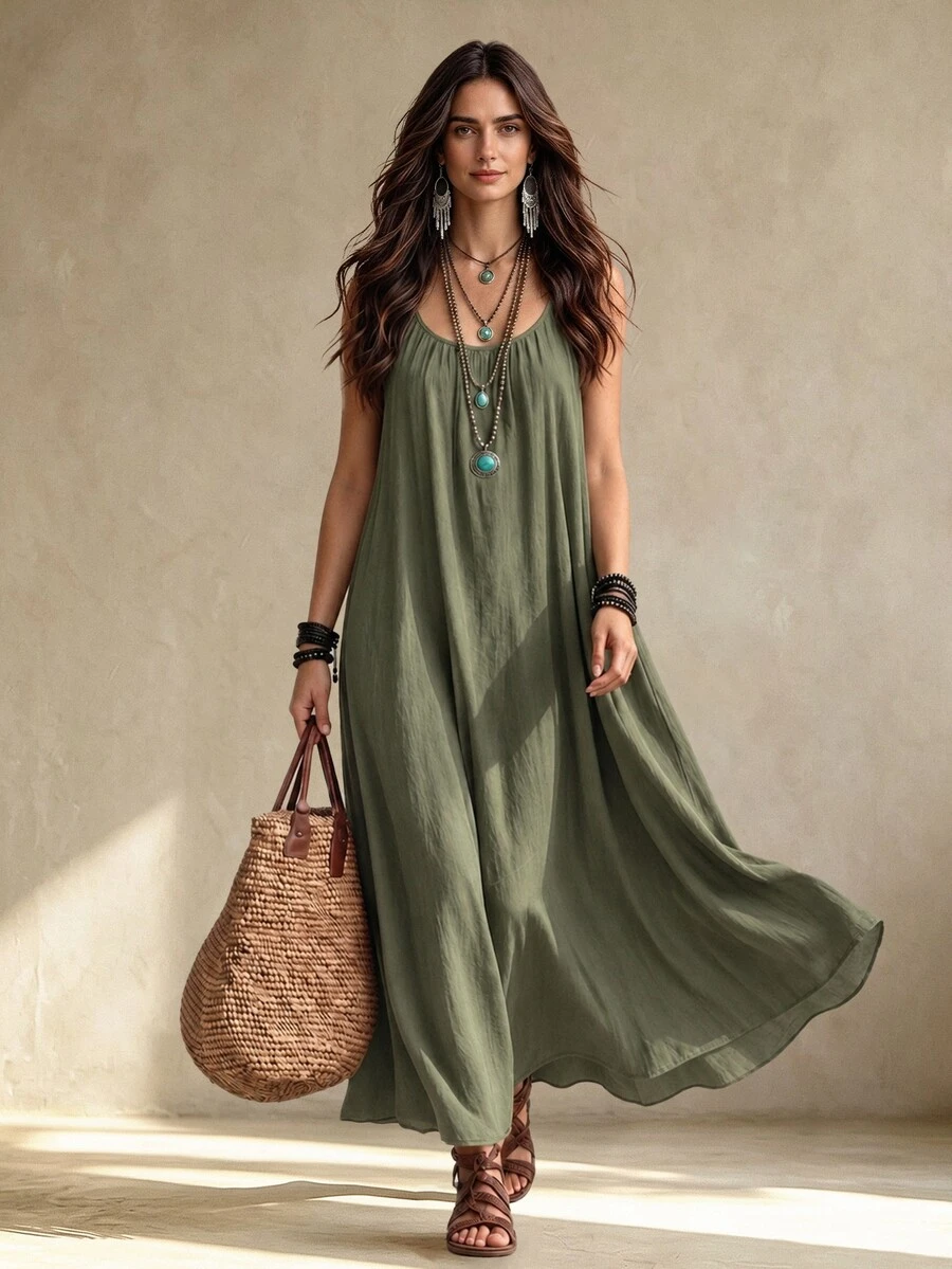 Cévolie Women's Solid Color Backless Tie Strap Casual Long Dress, Vacation Style - Green - View 1