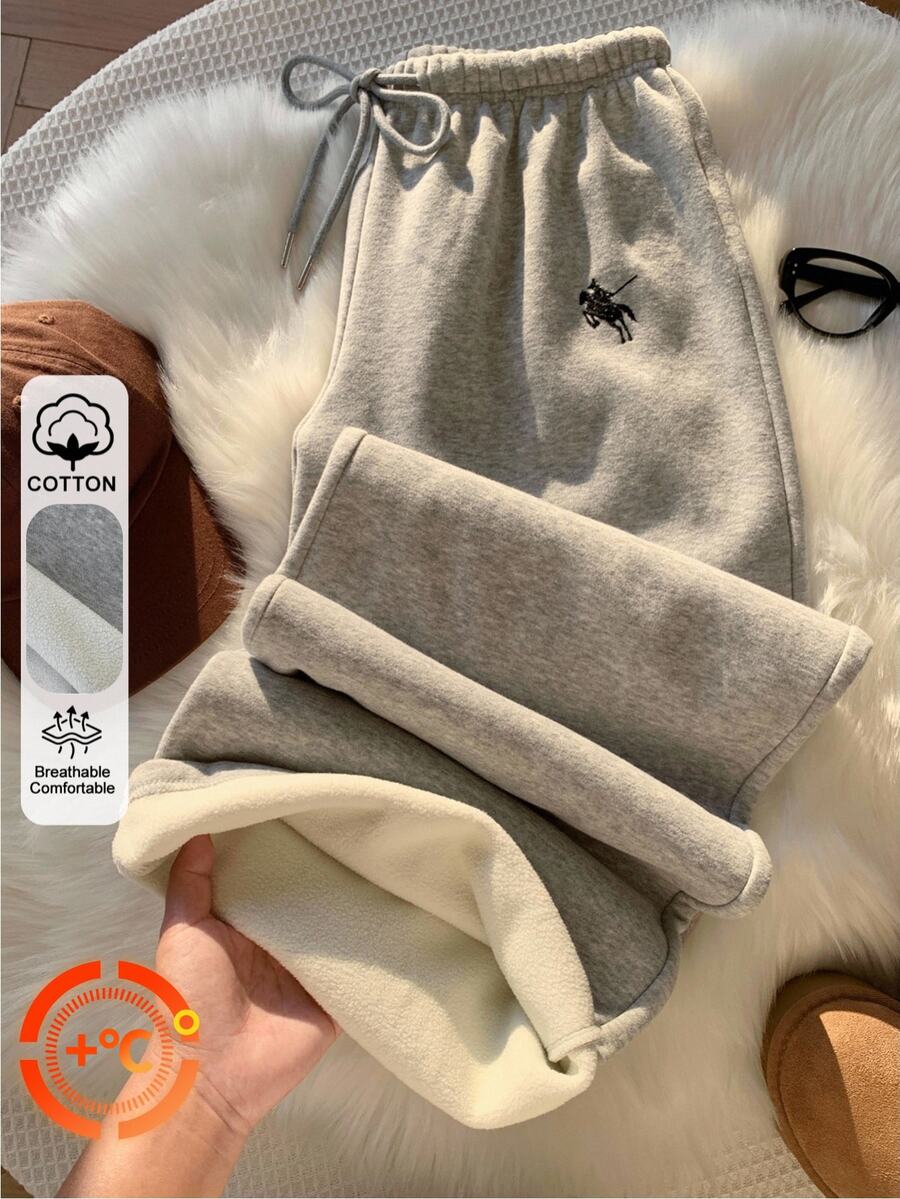 Comfortcana Celana Jogging Fleece Model Lurus Pinggang Tinggi Warna Abu-abu, Gaya Sporty-Chic Musim Dingin untuk Aktivitas Luar Ruangan Sehari-hari - Grey - View 1