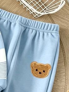 SHEIN Playful Pals 2件組男嬰可愛淺藍條紋熊圖案長袖寬鬆圓領衛衣上衣套裝，適合秋季、度假、上學、冬季日常穿著 - 彩色 - 查看 6