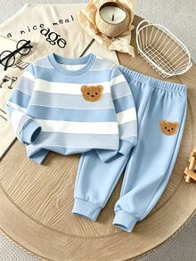 SHEIN Playful Pals 2件組男嬰可愛淺藍條紋熊圖案長袖寬鬆圓領衛衣上衣套裝，適合秋季、度假、上學、冬季日常穿著 - 彩色 - 查看 4