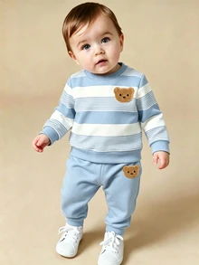 SHEIN Playful Pals 2件組男嬰可愛淺藍條紋熊圖案長袖寬鬆圓領衛衣上衣套裝，適合秋季、度假、上學、冬季日常穿著 - 彩色 - 查看 8