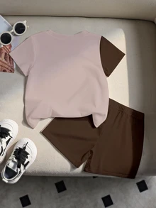 Souflis Souflis 3 Sets Get 1 Set Random Beige Brown Color Contrast Baby Casual Modest Tropical Fashion Classic Knight Print Round Neck T-Shirt Shorts Set Holiday - Multicolor - View 3