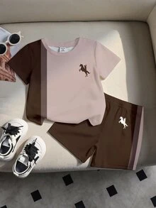 Souflis Souflis 3 Sets Get 1 Set Random Beige Brown Color Contrast Baby Casual Modest Tropical Fashion Classic Knight Print Round Neck T-Shirt Shorts Set Holiday - Multicolor - View 2