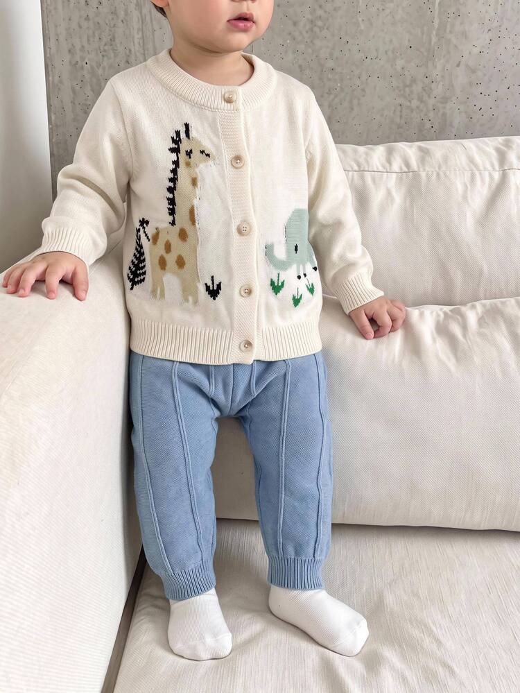 Baby Boy Cute Animal Jacquard Cardigan Casual Textured Versatile Long Autumn Pants Set Suitable For Winter - Multicolor - View 6