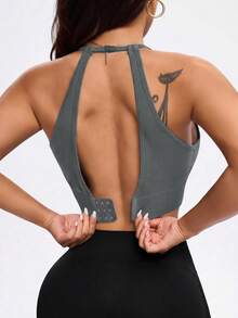 SHEIN Rhythm Era 女款大尺碼無縫針織運動內衣，背後扣合設計，可拆卸內墊，適用健身、運動、瑜伽、休閒穿著 - 灰色 - 查看 7