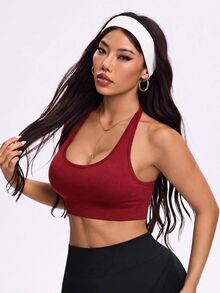 SHEIN Rhythm Era 女款大尺碼無縫針織運動內衣 背後鉤扣式 可拆卸內墊 健身運動瑜伽休閒穿著 健身房 紅白配色 夏季 - 酒紅色 - 查看 7