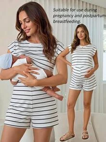 Slowluna Maternity Striped Nursing Function Casual Daily Outing Romper Loungewear Pajama  - Black and White - View 1