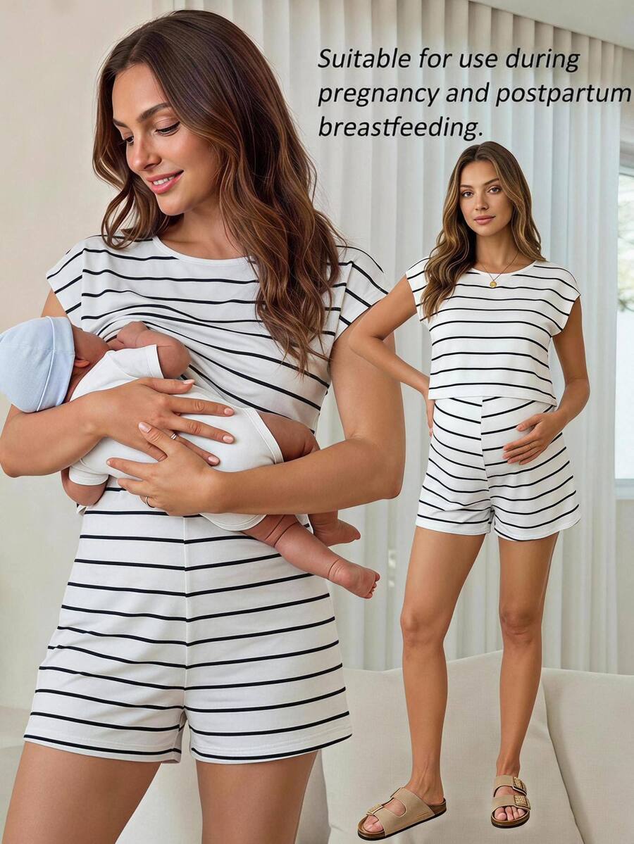 Slowluna Maternity Striped Nursing Function Casual Daily Outing Romper Loungewear Pajama - Black and White - View 1