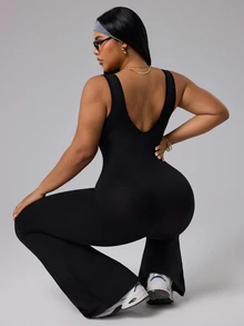 Rhythm Era Jumpsuit Olahraga Wanita Tanpa Lengan Model Mengembang dengan Leher Bulat dan Warna Polos - Hitam - View 3